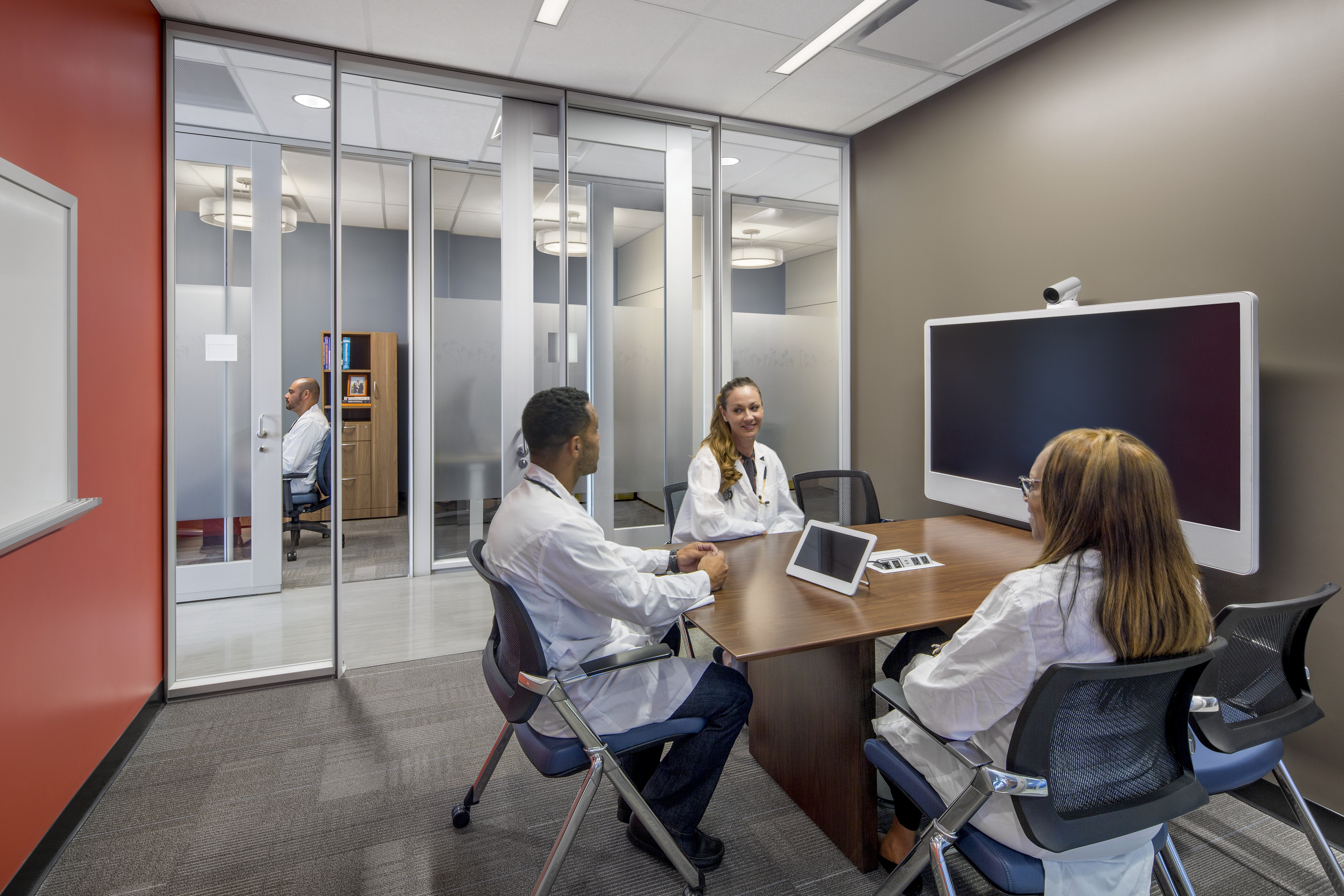 Video conference rooms are examples of all-inclusive design at Kaiser Permanente La Habra Hospital.