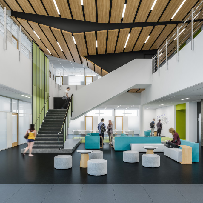 Active design architecture encourages students to take the stairs.