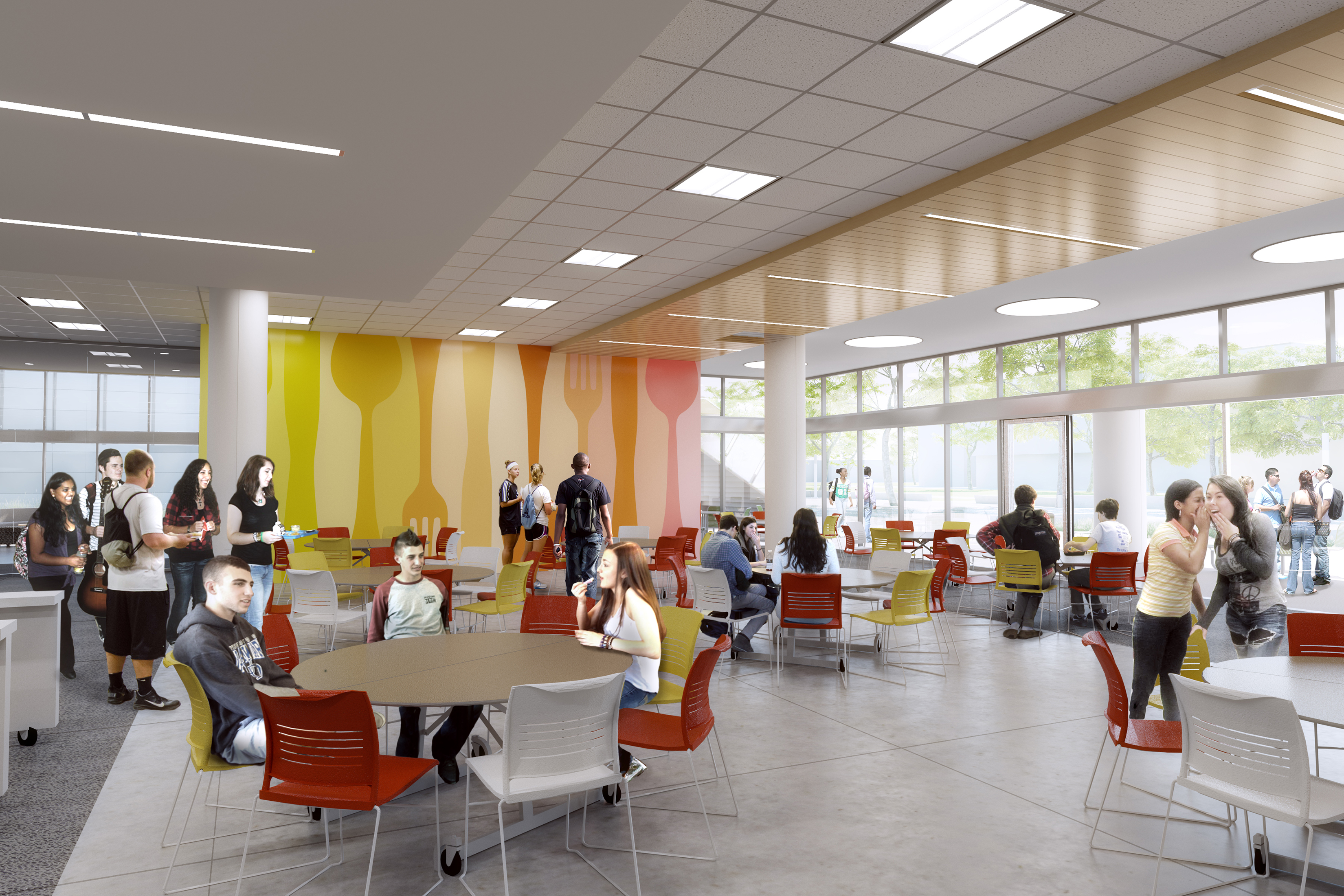 Los Angeles Harbor College features a number of school dining hall design trends.